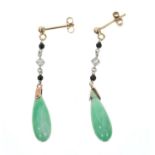 Pair of jade, diamond and onyx pendant earrings, each with a pear shape jade drop suspended from a