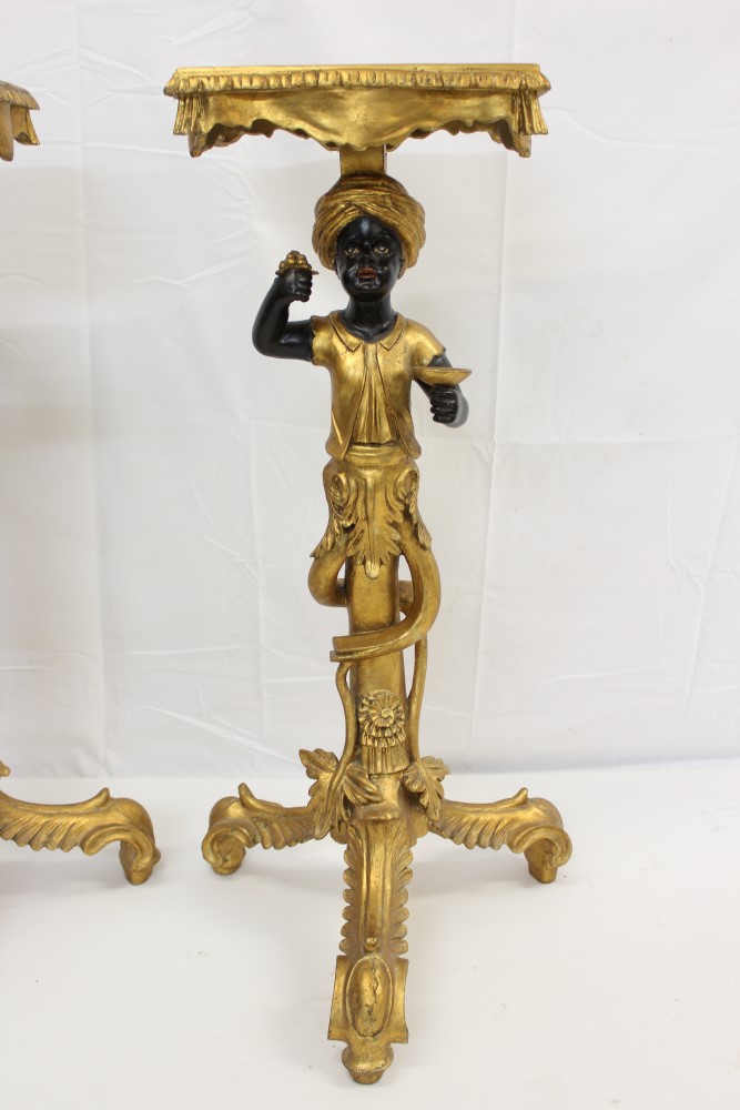 Pair of 18th century Venetian style gilt and polychrome blackamoor torcheres - Image 3 of 13