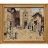 James Reeve (b.1939) oil on canvas - Street Scene Cairo, 1986, framed, 56cm x 69cm