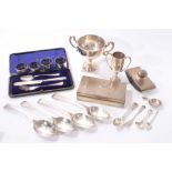 Box of silver to include flatware, cigarette box, two trophies and other items