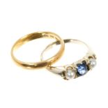 22ct gold wedding ring and a Victorian sapphire and pearl three stone ring