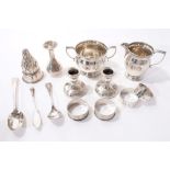 Miscellaneous silver including dwarf candlesticks, cream jug and sugar bowl, table lighter etc