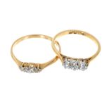 Two 18ct gold diamond three stone rings, each with three round brilliant cut diamonds in claw