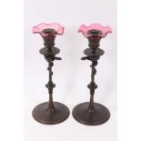 Pair 19th century French bronze candlesticks with snake decoration, signed F. Barbedienne,