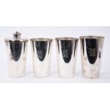 Edwardian silver plated flask and three beakers with engraved monograms