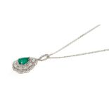 Emerald and diamond pendant in 18ct white gold setting on 18ct white gold chain