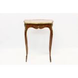 French Louis XVI style marble top side table of shaped form standing on cabriole legs with gilt
