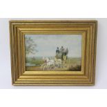 19th century English school oil on canvas - a coach and four on a track, in gilt frame, 16cm x 23cm