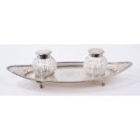 George III Silver inkstand, with pierced decoration and later replacement ink bottles