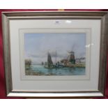 Good large signed watercolour depicting barges in river with figures and horses