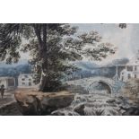 Late 18th century American school watercolour - a waterfall with houses beyond, tondo, in glazed