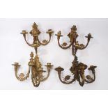 Set of four good quality late 19th / early 20th century ormolu three branch wall lights