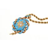 Victorian gold diamond and turquoise enamel pendant with diamond star motif, entwined border and