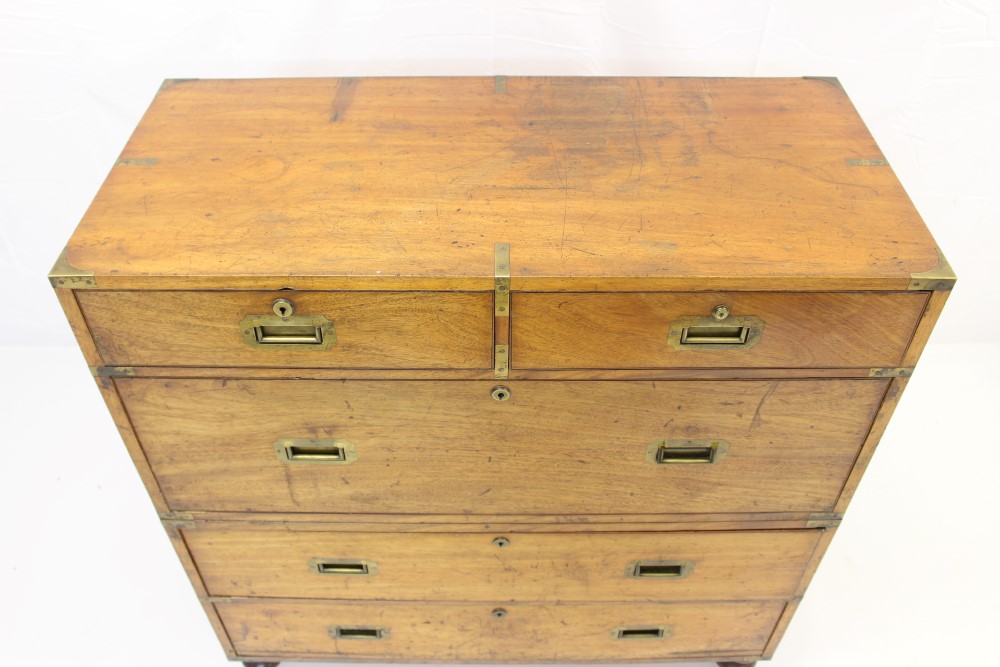 Good 19th century teak and brass bound campaign chest - Image 2 of 5