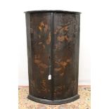 18th century chinoiserie barrel front hanging corner cupboard with figure and floral decoration