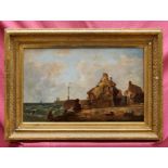 19th century English school oil on canvas - harbour cottages, in gilt frame, 30cm x 48cm