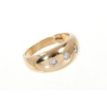 Gentlemans diamond three stone ring with three brilliant cut diamonds in 9ct gold gypsy style