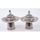 Pair of Eastern White Metal pedestal dishes and covers, with green hardstone knops