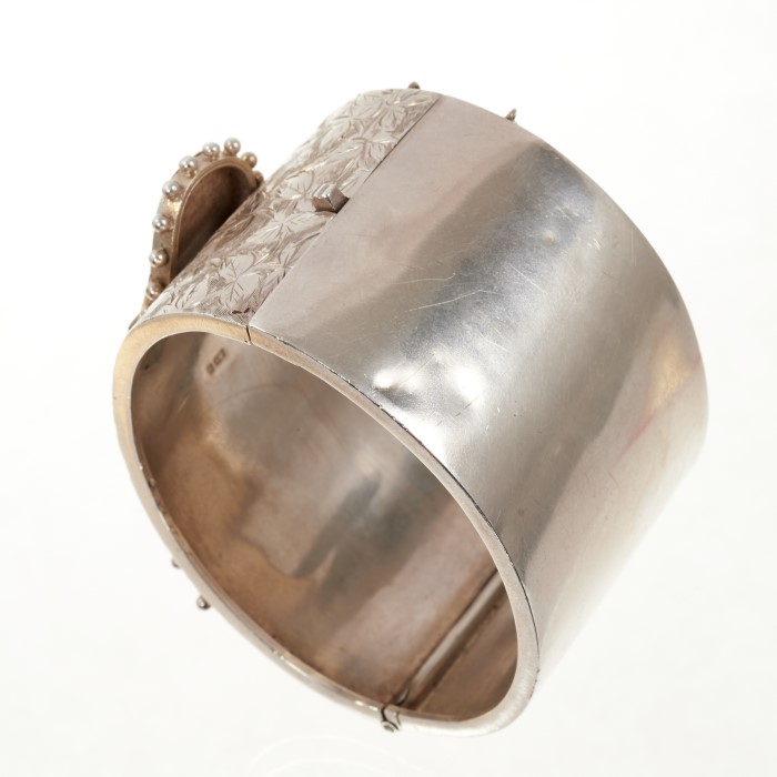 Victorian silver cuff bangle, the wide hinged bangle with three dimensional buckle design and - Image 3 of 5