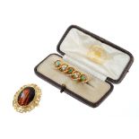 Limoges enamel pendant and a Victorian gold seed pearl and turquoise bar brooch (2)