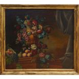 Early 19th century Continental school oil on canvas - still life of fruit and flowers on a ledge,