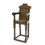 Rare 17th century and later oak, bog oak and holly inlaid child’s wainscott chair