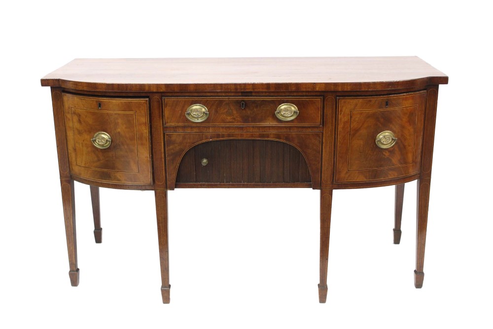 George III mahogany crossbanded and boxwood line inlaid bowfront sideboard