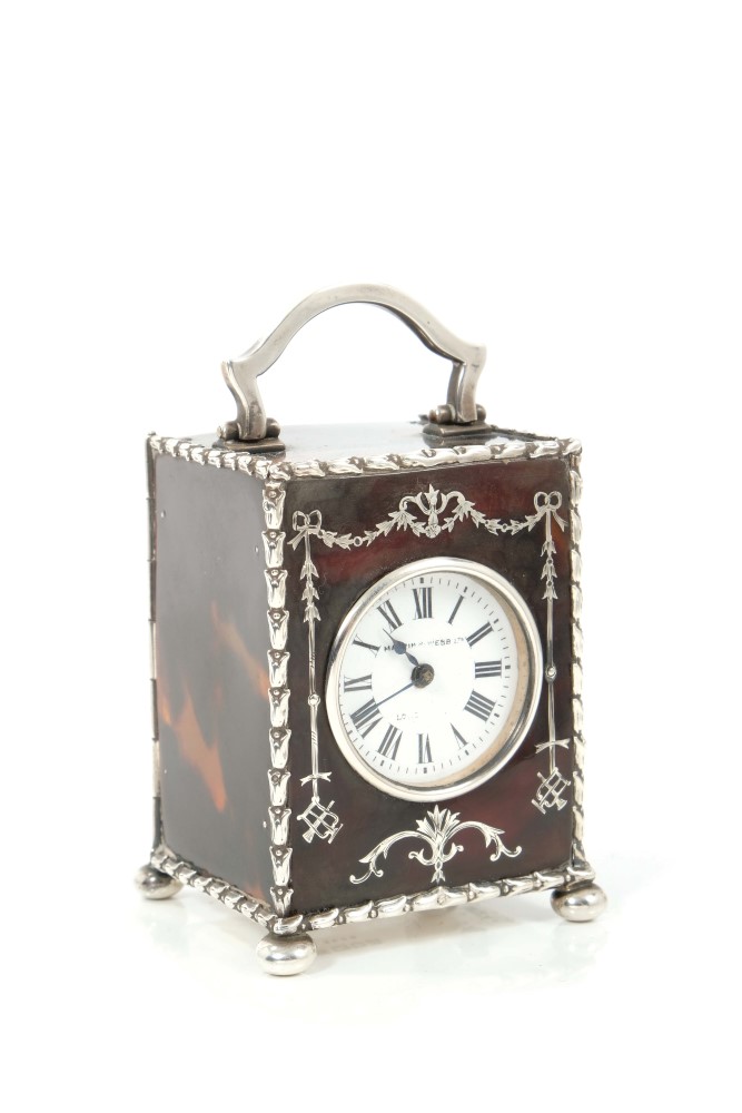 Mappin and Webb Tortoiseshell and silver piquet work carriage clock