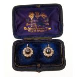 Pair of Victorian grey pearl and diamond cluster earrings in box