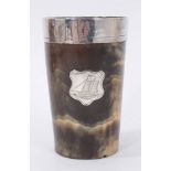 Antique horn beaker with silver rim and silver crest with ship engraving, nice patina-approx height