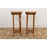 Pair of Regency style polychrome painted satinwood side tables each with square top on slender