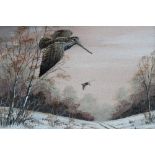 Mark Chester acrylic on canvas board - Woodcock over a snow covered track, signed, framed