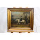 Victorian English school oil on canvas - a young boy on a grey pony, in gilt frame, 29cm x 34cm