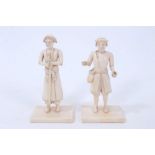 Rare pair of Indo-Portuguese carved ivory figures, probably 18th century, on square plinths, 8cm