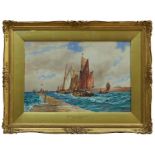 Frederick James Aldridge (1850-1933) watercolour - Rye Trawlers going to sea, signed, in glazed