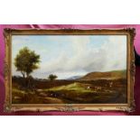 Mid-19th century English school oil on canvas - an extensive landscape with a timber wagon, in gilt