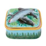 Victorian George Jones majolica sardine dish, of oblong form, decorated in bold colours, with three