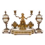 Good 19th century French ormolu and white marble desk stand and garniture