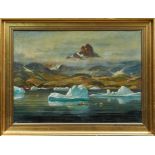 Emmanuel A. Petersen (1894-1948) oil on canvas - an Arctic scene with Eskimos fishing from kayaks,