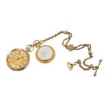 Late 19th Century ladies Swiss 14k gold cased fob watch on a Victorian gold Albertina with a gold