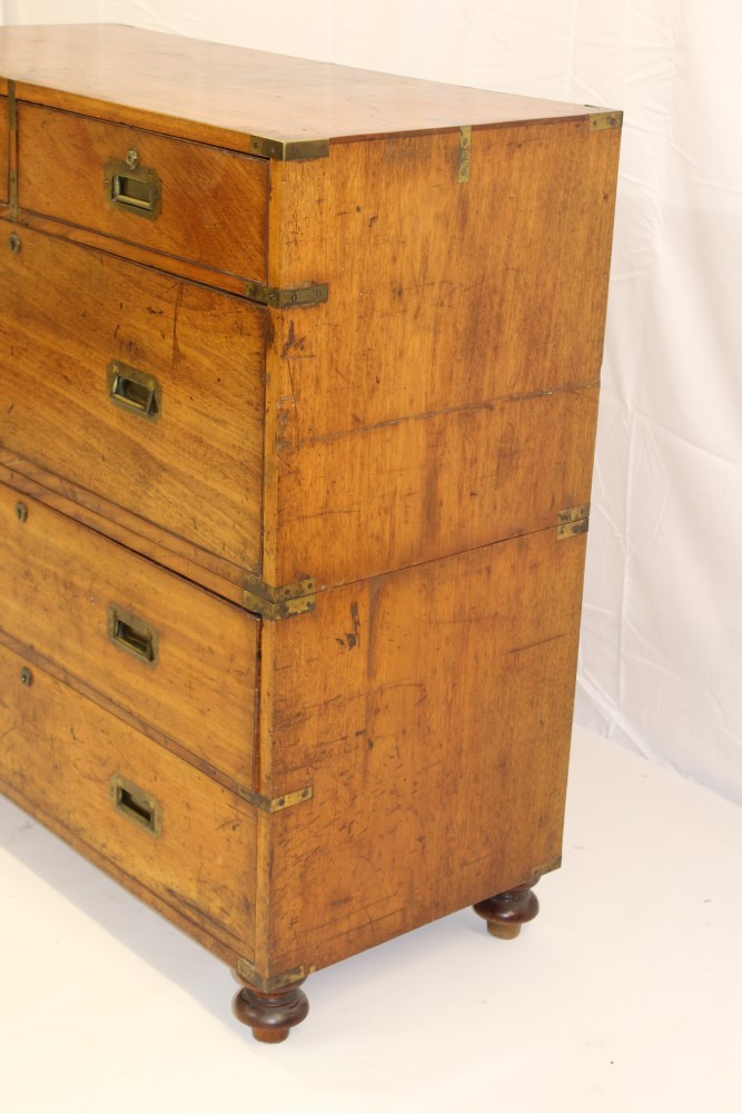 Good 19th century teak and brass bound campaign chest - Image 4 of 5