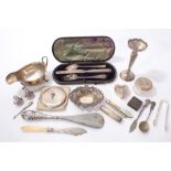 Miscellaneous silver to include a sauce boat, three piece christening set in case and other items