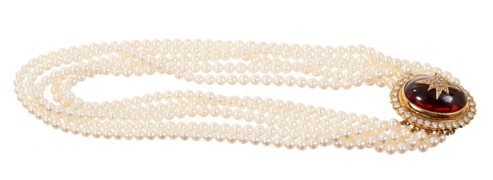 Cultured pearl five-strand choker necklace with cabochon garnet and diamond cluster clasp