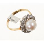 Cultured pearl and diamond flower head cluster ring with a central 8.7mm diameter cultured pearl