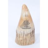 Large antique whale tooth bearing scrimshaw engraved ship 'Tala'