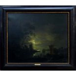 Lambrecht Den Tyn (1770-1816) oil on canvas - Moonlit view on the river, in ebonised frame, 64cm x