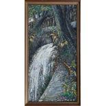 Robert William Hill (1932-1990) oil on board - A Waterfall, signed, framed, 121cm x 60cm