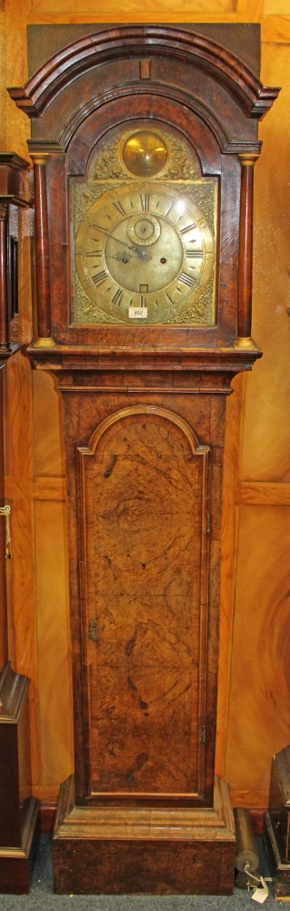 Early 18th century longcase clock, with eight day striking movement, brass 12inch breakarch dial,