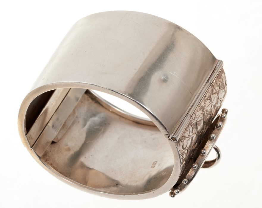 Victorian silver cuff bangle, the wide hinged bangle with three dimensional buckle design and - Image 2 of 5