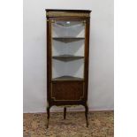 French style corner cabinet with glazed door above parquetry panel, on cabriole legs with gilt